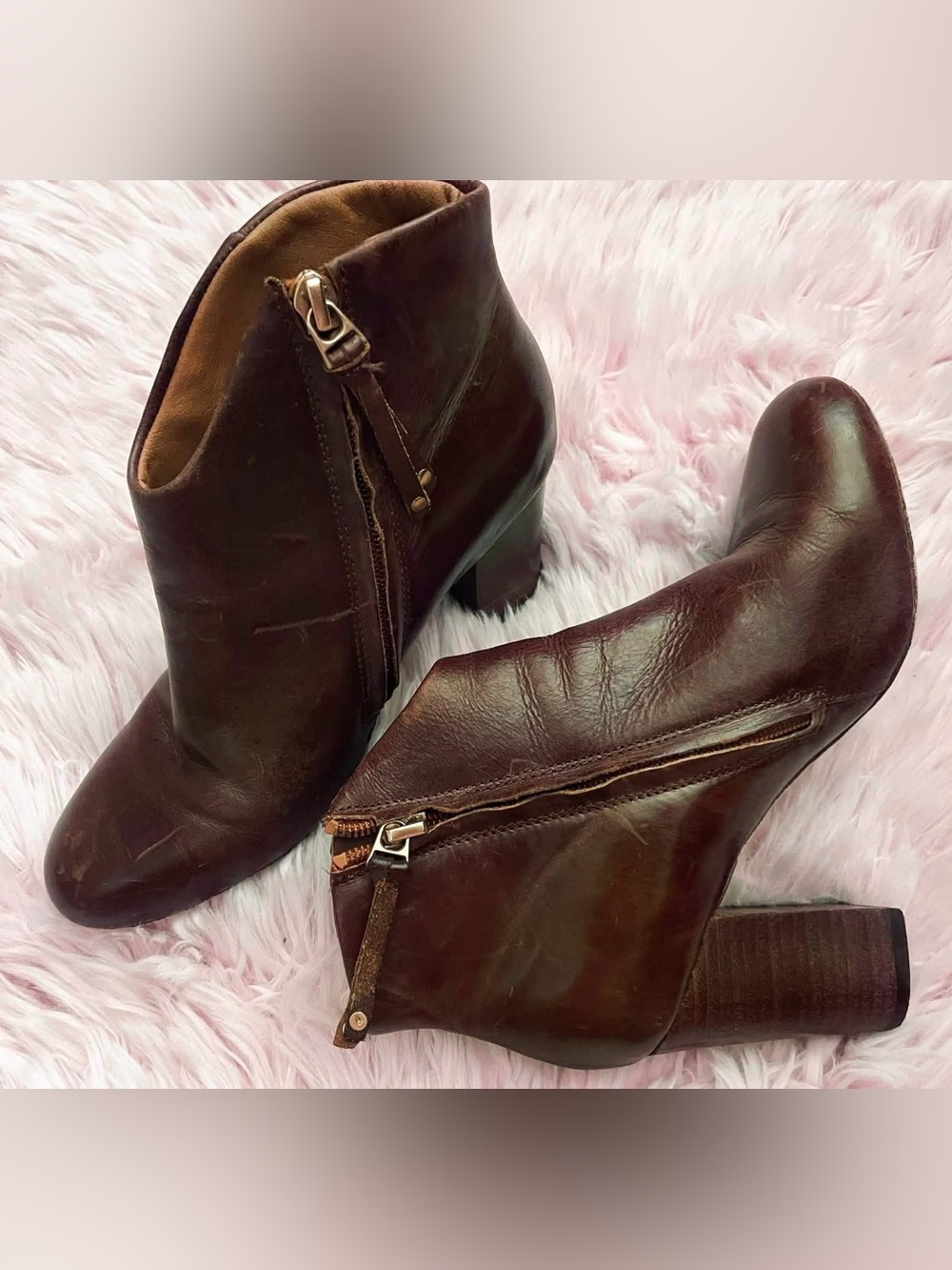 Women’s Brown Faux Leather Ankle Boots with Side Zipper. Size 6M